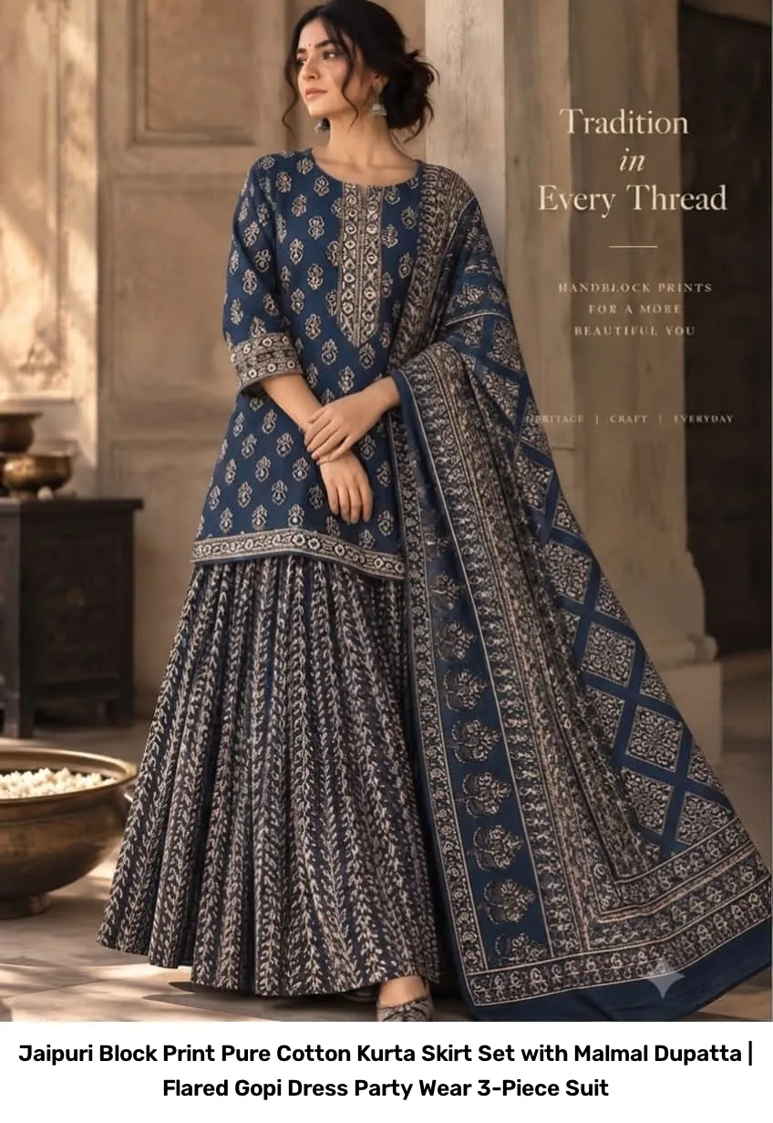 Jaipuri Block Print Pure Cotton Kurta Skirt Set with Malmal Dupatta | Flared Gopi Dress Party Wear 3-Piece Suit 10