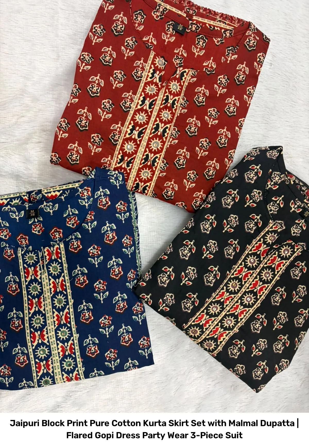 Jaipuri Block Print Pure Cotton Kurta Skirt Set with Malmal Dupatta | Flared Gopi Dress Party Wear 3-Piece Suit 11