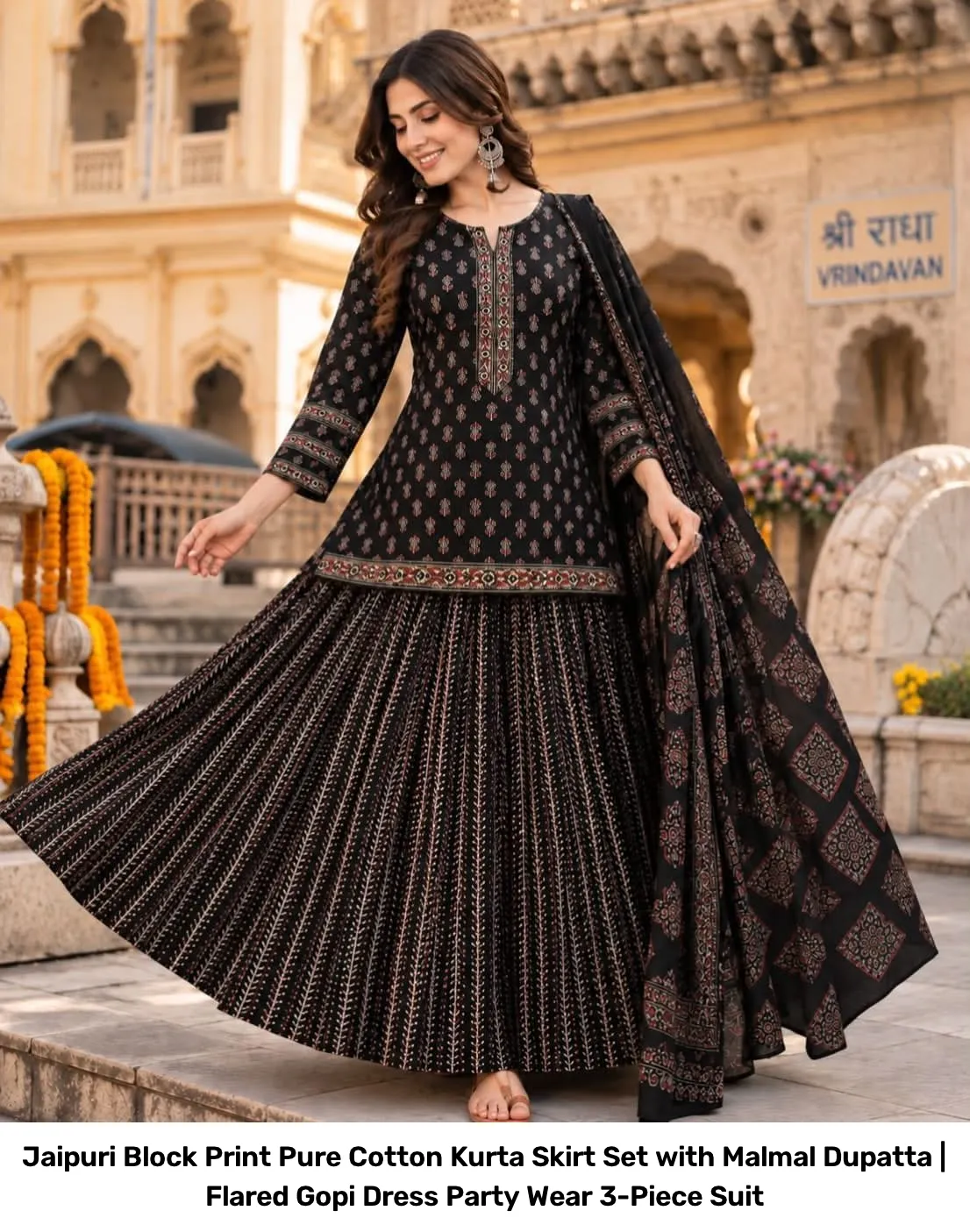 Jaipuri Block Print Pure Cotton Kurta Skirt Set with Malmal Dupatta | Flared Gopi Dress Party Wear 3-Piece Suit 2