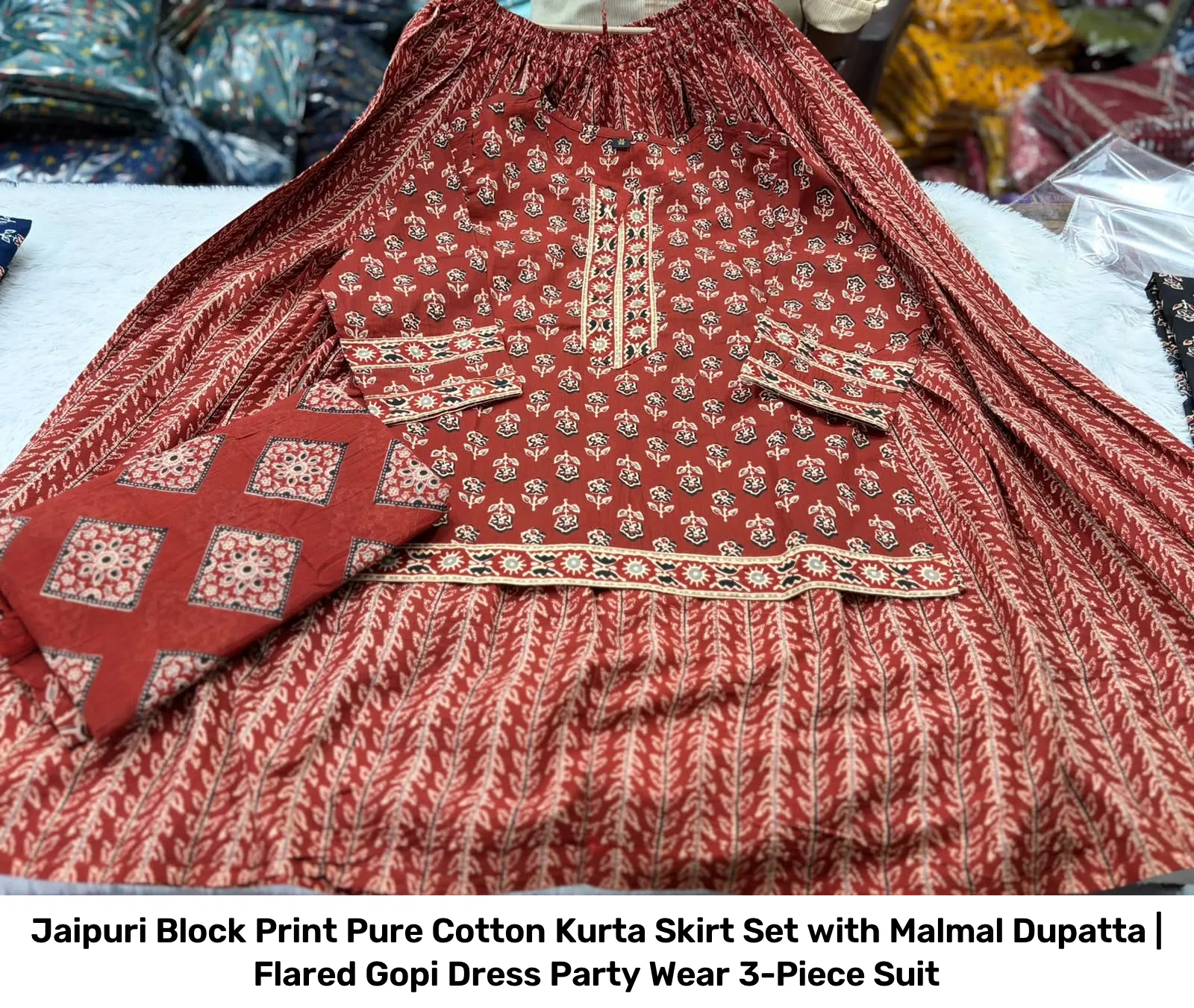 Jaipuri Block Print Pure Cotton Kurta Skirt Set with Malmal Dupatta | Flared Gopi Dress Party Wear 3-Piece Suit 3