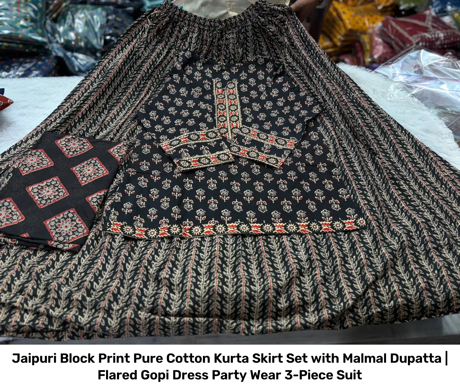 Jaipuri Block Print Pure Cotton Kurta Skirt Set with Malmal Dupatta | Flared Gopi Dress Party Wear 3-Piece Suit 4