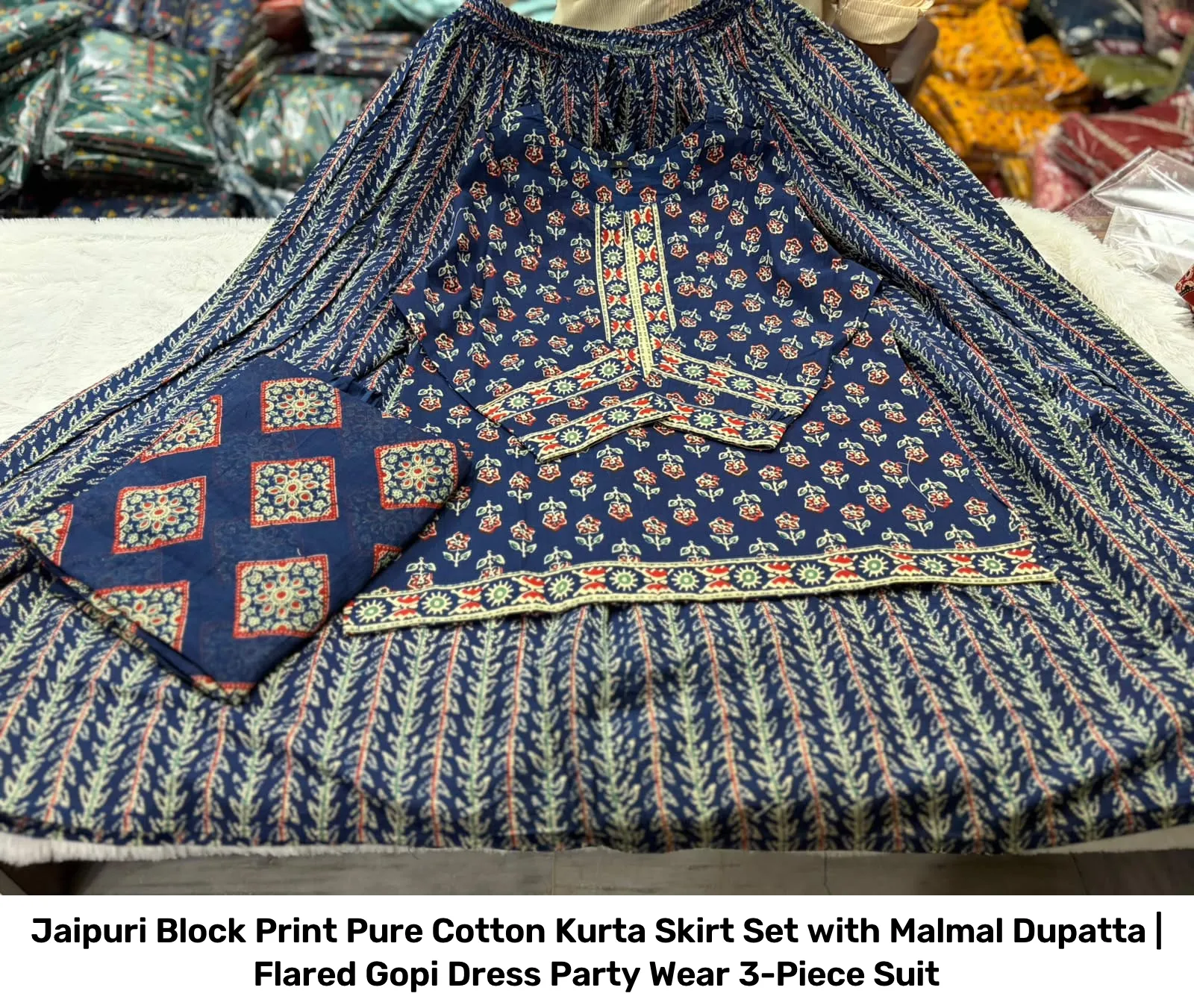 Jaipuri Block Print Pure Cotton Kurta Skirt Set with Malmal Dupatta | Flared Gopi Dress Party Wear 3-Piece Suit 6