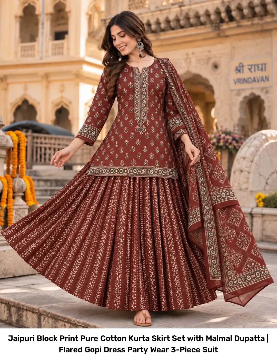 Jaipuri Block Print Pure Cotton Kurta Skirt Set with Malmal Dupatta | Flared Gopi Dress Party Wear 3-Piece Suit 7