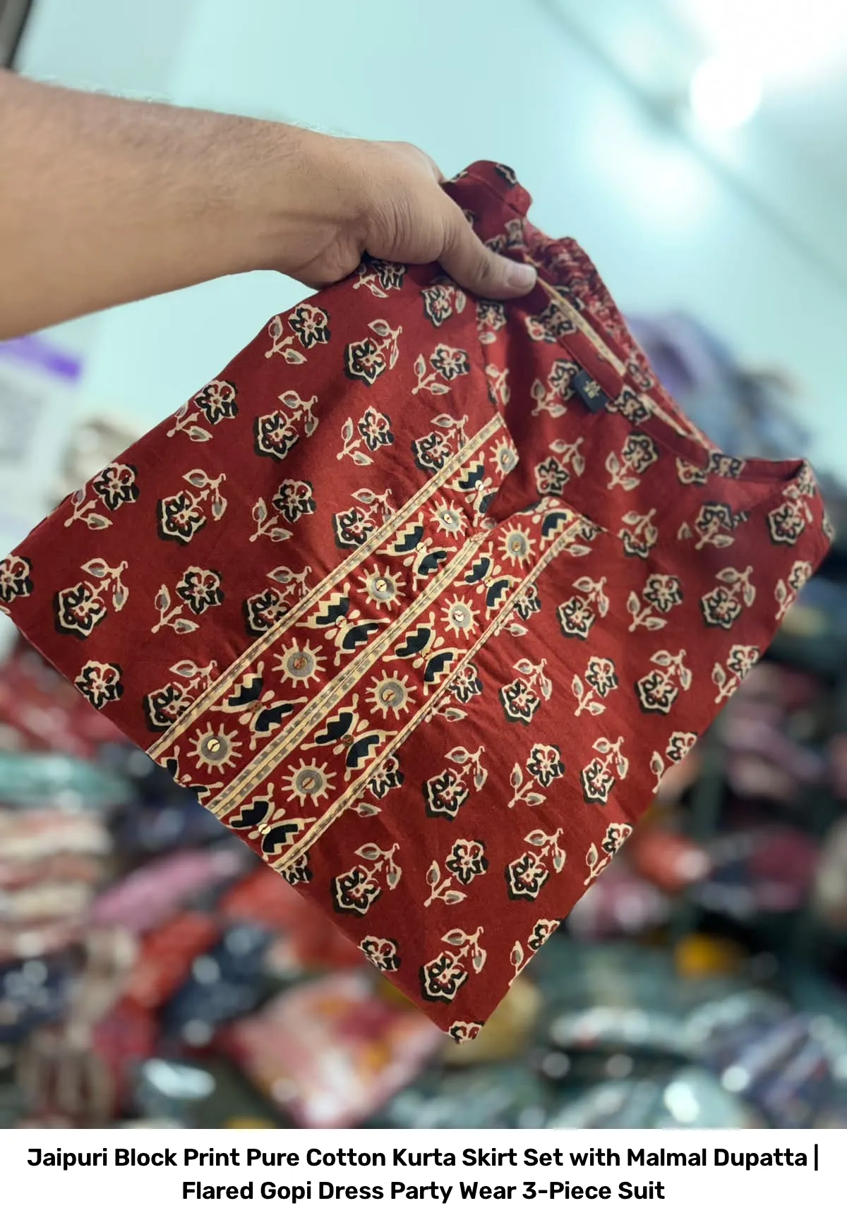 Jaipuri Block Print Pure Cotton Kurta Skirt Set with Malmal Dupatta | Flared Gopi Dress Party Wear 3-Piece Suit 8