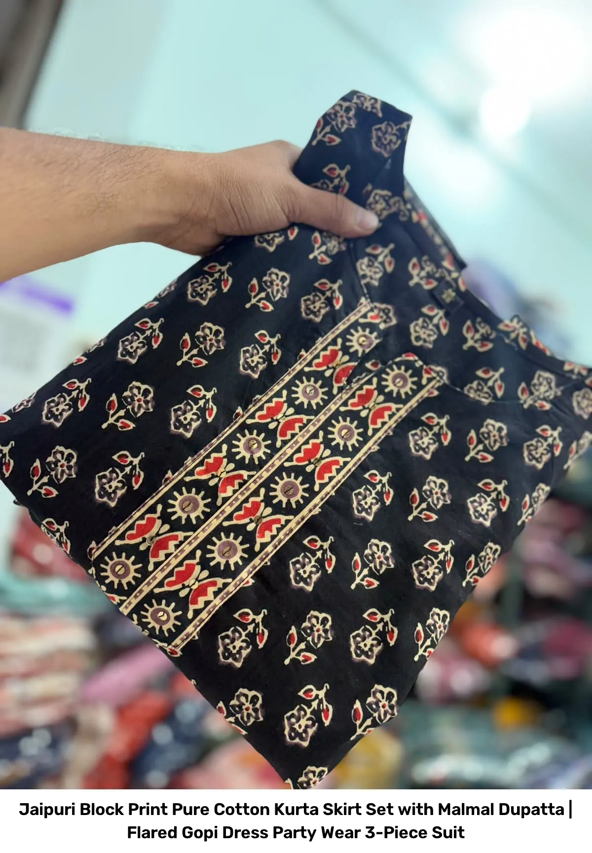 Jaipuri Block Print Pure Cotton Kurta Skirt Set with Malmal Dupatta | Flared Gopi Dress Party Wear 3-Piece Suit 9