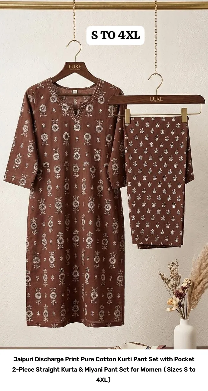 Jaipuri Discharge Print Pure Cotton Kurti Pant Set with Pocket – 2-Piece Straight Kurta & Miyani Pant Set for Women (Sizes S to 4XL) 12
