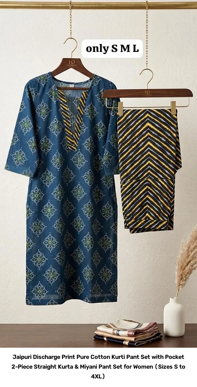 Jaipuri Discharge Print Pure Cotton Kurti Pant Set with Pocket – 2-Piece Straight Kurta & Miyani Pant Set for Women (Sizes S to 4XL) 13