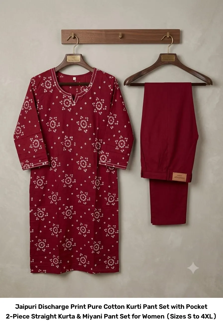 Jaipuri Discharge Print Pure Cotton Kurti Pant Set with Pocket – 2-Piece Straight Kurta & Miyani Pant Set for Women (Sizes S to 4XL) 14