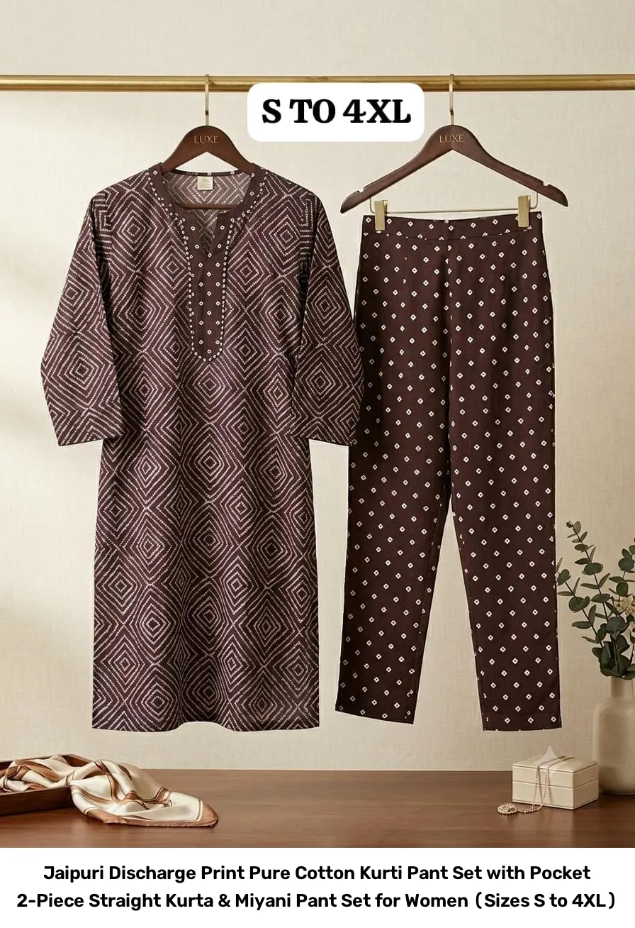 Jaipuri Discharge Print Pure Cotton Kurti Pant Set with Pocket – 2-Piece Straight Kurta & Miyani Pant Set for Women (Sizes S to 4XL) 15