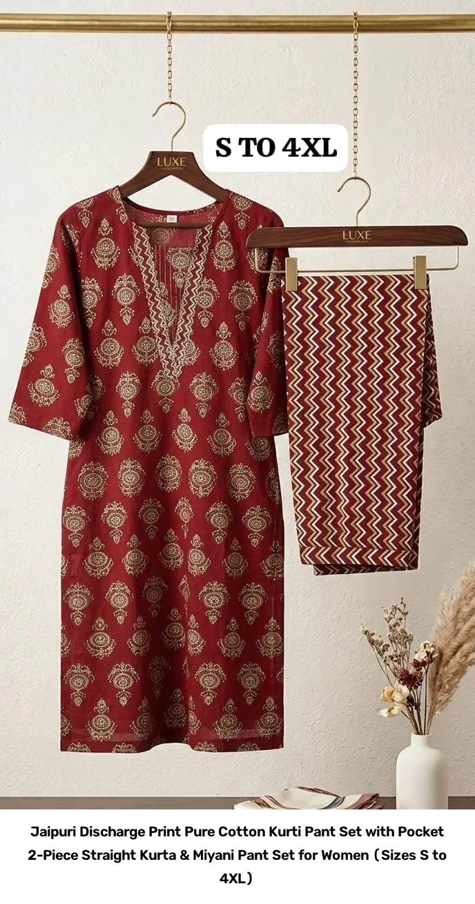 Jaipuri Discharge Print Pure Cotton Kurti Pant Set with Pocket – 2-Piece Straight Kurta & Miyani Pant Set for Women (Sizes S to 4XL) 17
