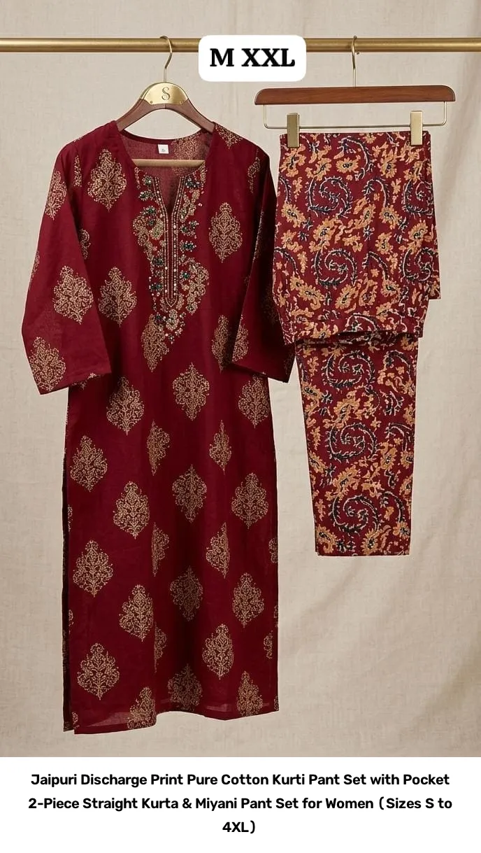 Jaipuri Discharge Print Pure Cotton Kurti Pant Set with Pocket – 2-Piece Straight Kurta & Miyani Pant Set for Women (Sizes S to 4XL) 18