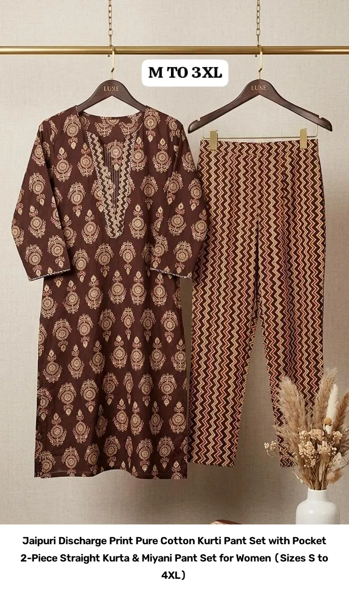 Jaipuri Discharge Print Pure Cotton Kurti Pant Set with Pocket – 2-Piece Straight Kurta & Miyani Pant Set for Women (Sizes S to 4XL) 4