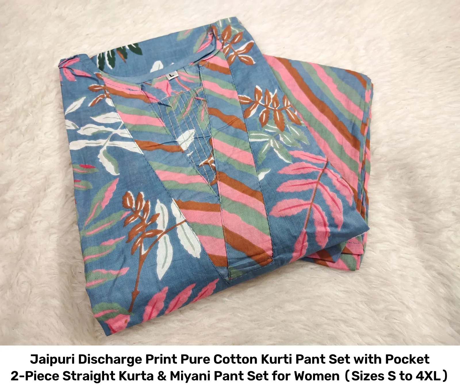 Jaipuri Discharge Print Pure Cotton Kurti Pant Set with Pocket – 2-Piece Straight Kurta & Miyani Pant Set for Women (Sizes S to 4XL) 6