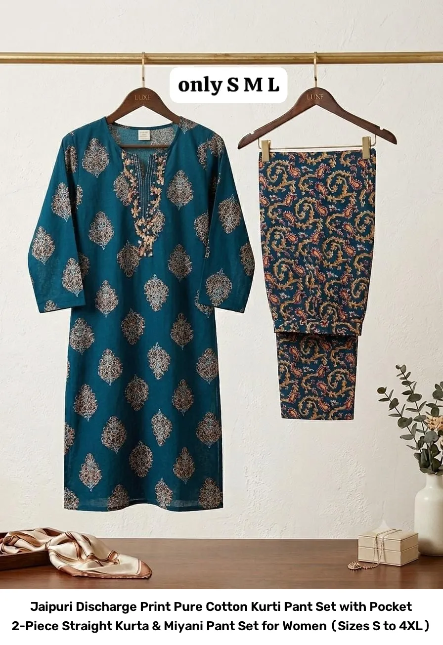Jaipuri Discharge Print Pure Cotton Kurti Pant Set with Pocket – 2-Piece Straight Kurta & Miyani Pant Set for Women (Sizes S to 4XL) 8