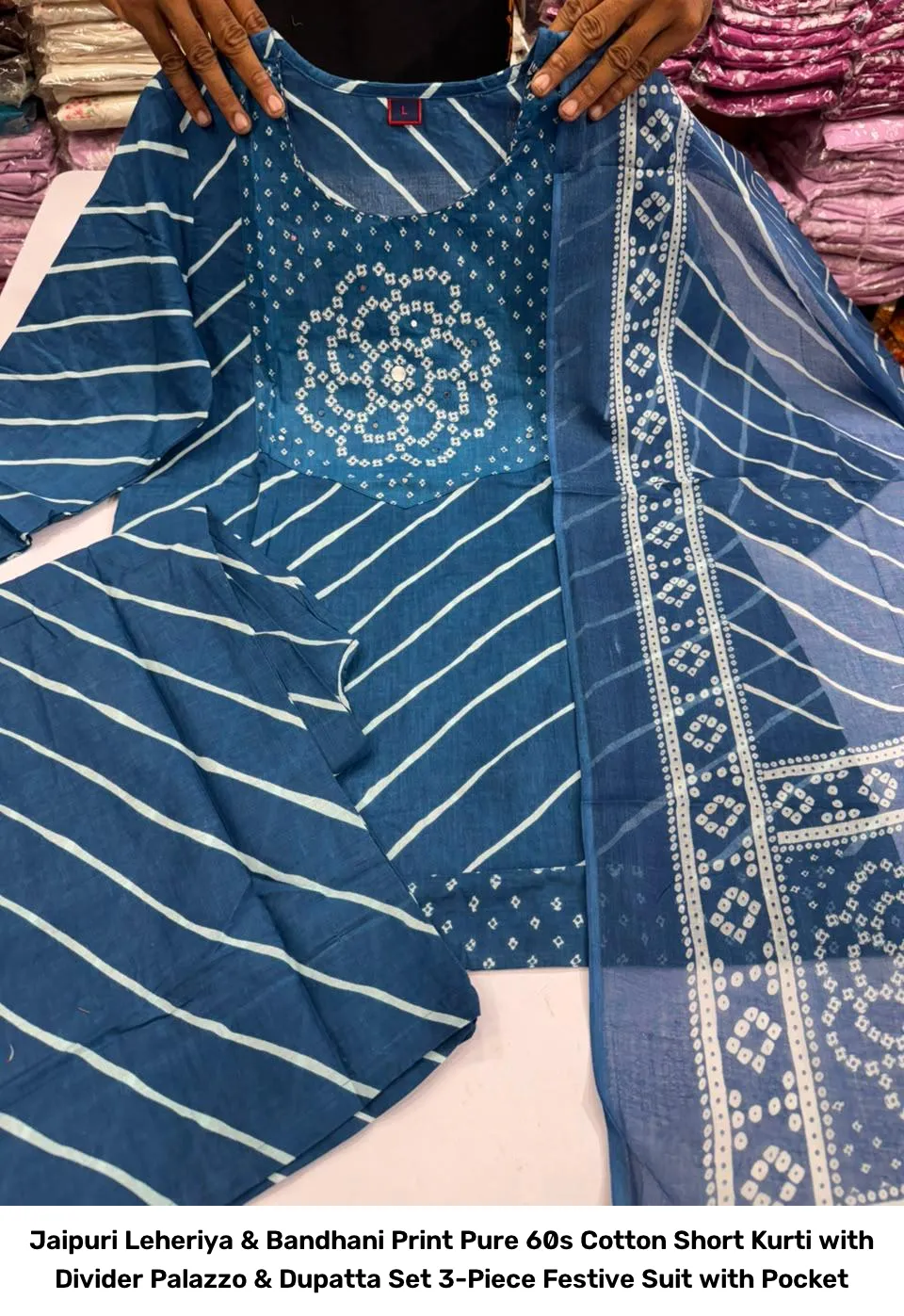 Jaipuri Leheriya & Bandhani Print Pure 60s Cotton Short Kurti with Divider Palazzo & Dupatta Set – 3-Piece Festive Suit with Pocket 10