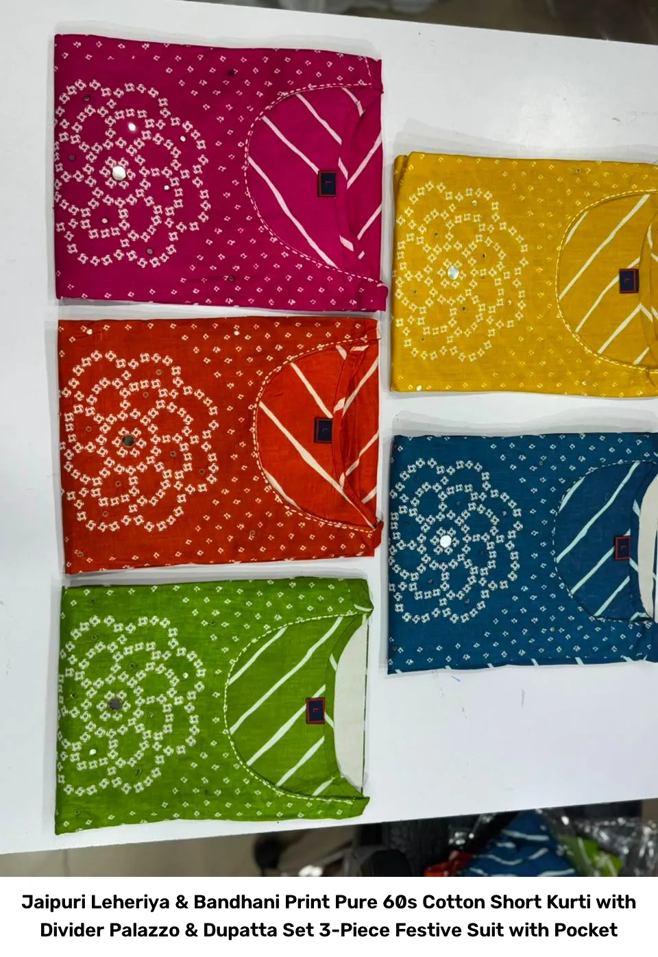 Jaipuri Leheriya & Bandhani Print Pure 60s Cotton Short Kurti with Divider Palazzo & Dupatta Set – 3-Piece Festive Suit with Pocket 2