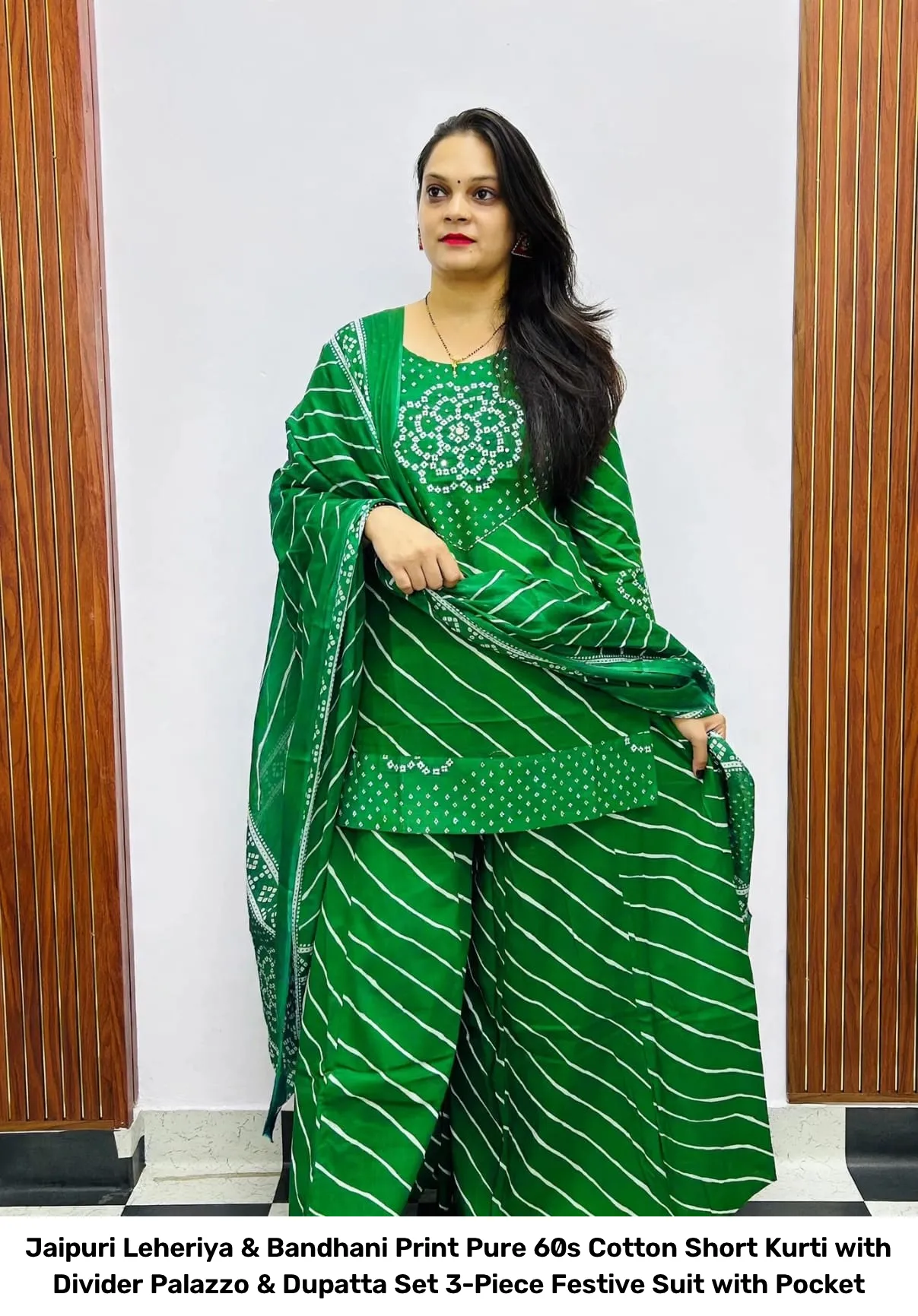 Jaipuri Leheriya & Bandhani Print Pure 60s Cotton Short Kurti with Divider Palazzo & Dupatta Set – 3-Piece Festive Suit with Pocket 3