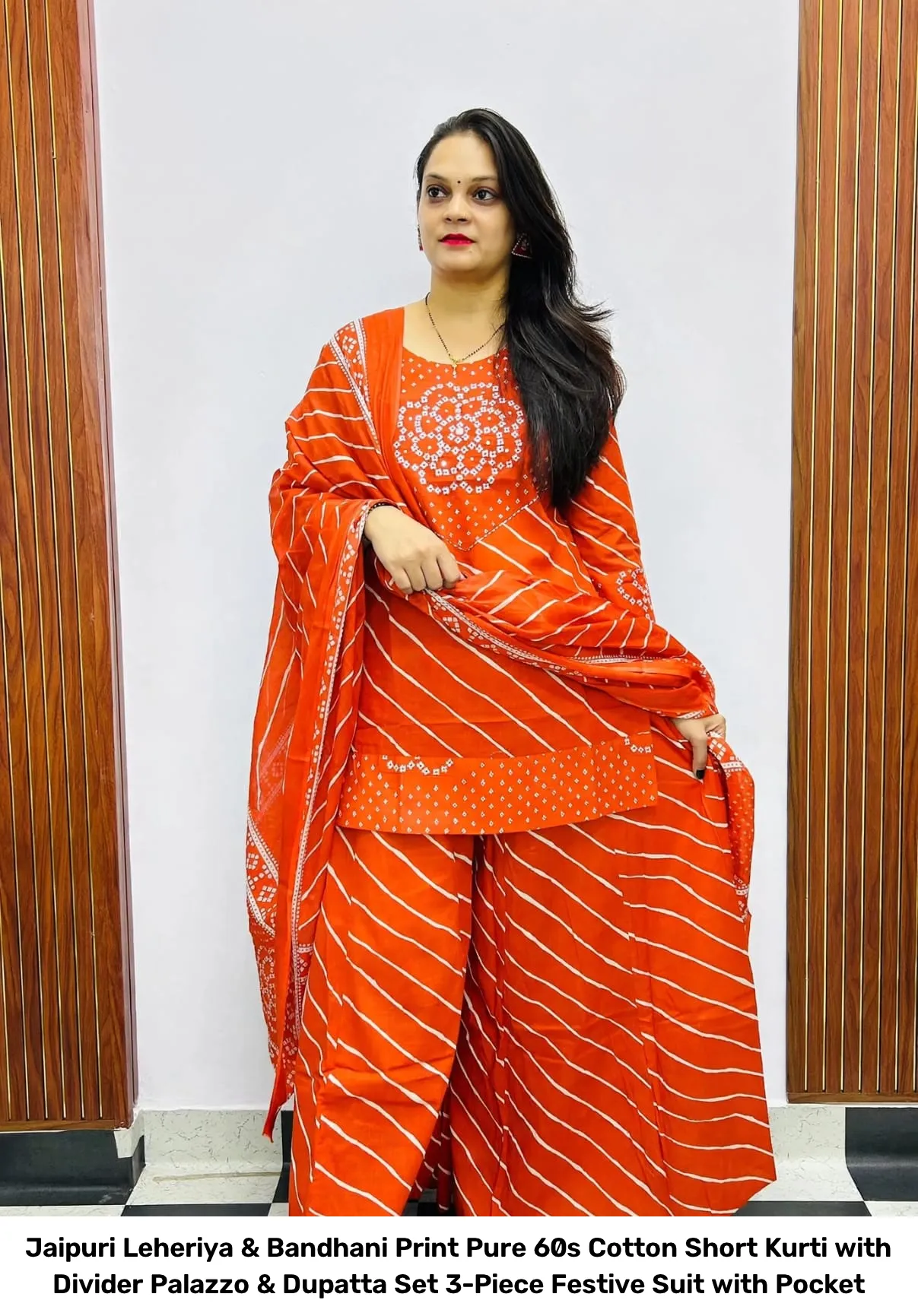 Jaipuri Leheriya & Bandhani Print Pure 60s Cotton Short Kurti with Divider Palazzo & Dupatta Set – 3-Piece Festive Suit with Pocket 4