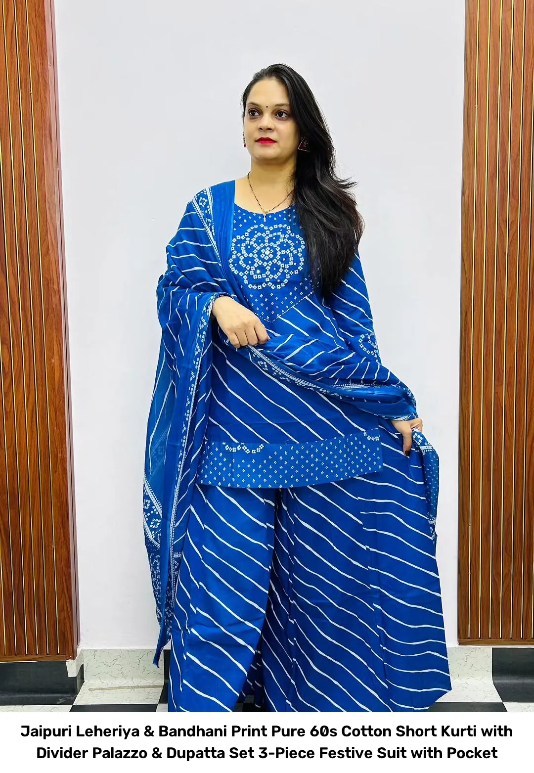 Jaipuri Leheriya & Bandhani Print Pure 60s Cotton Short Kurti with Divider Palazzo & Dupatta Set – 3-Piece Festive Suit with Pocket 5