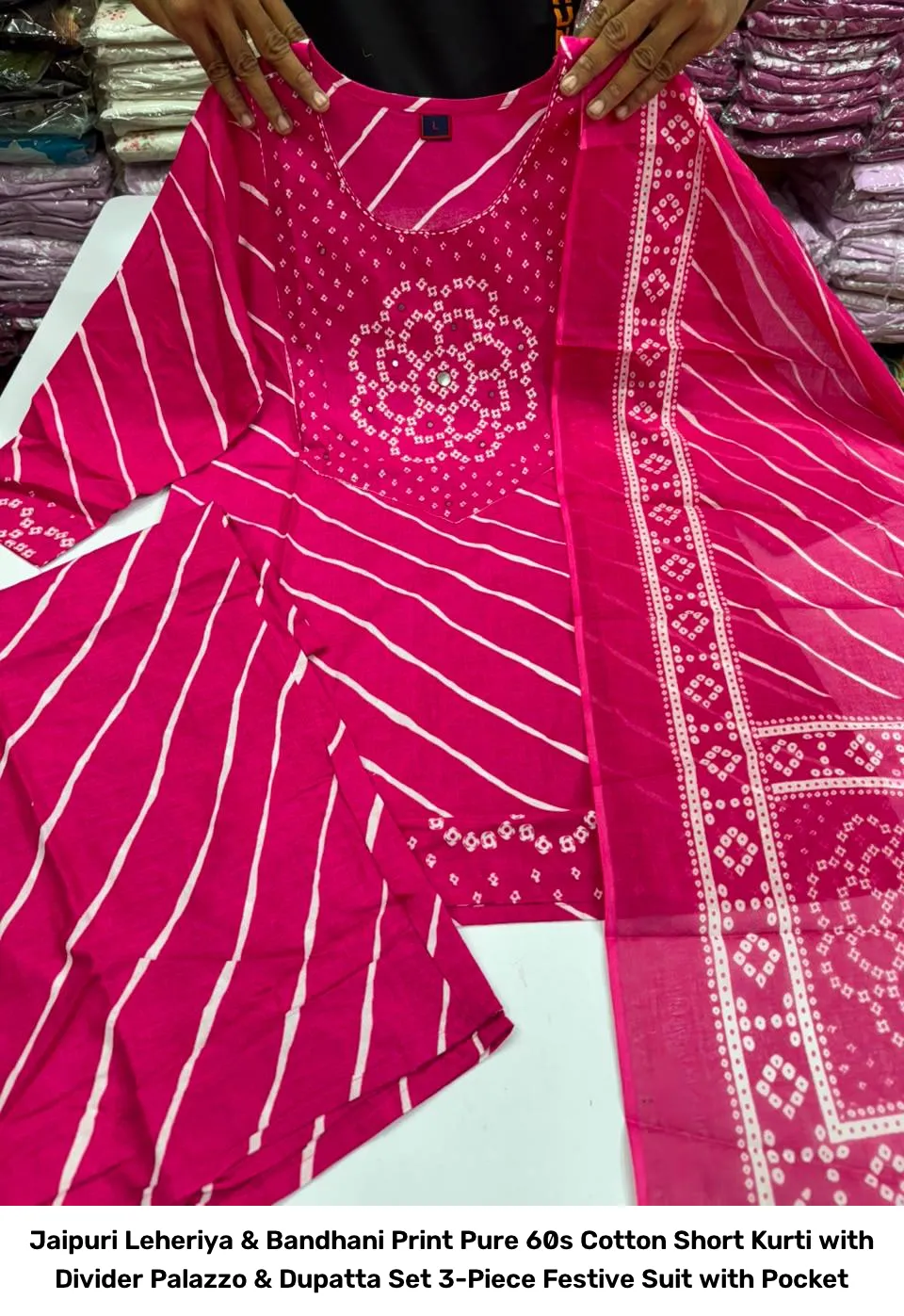 Jaipuri Leheriya & Bandhani Print Pure 60s Cotton Short Kurti with Divider Palazzo & Dupatta Set – 3-Piece Festive Suit with Pocket 6
