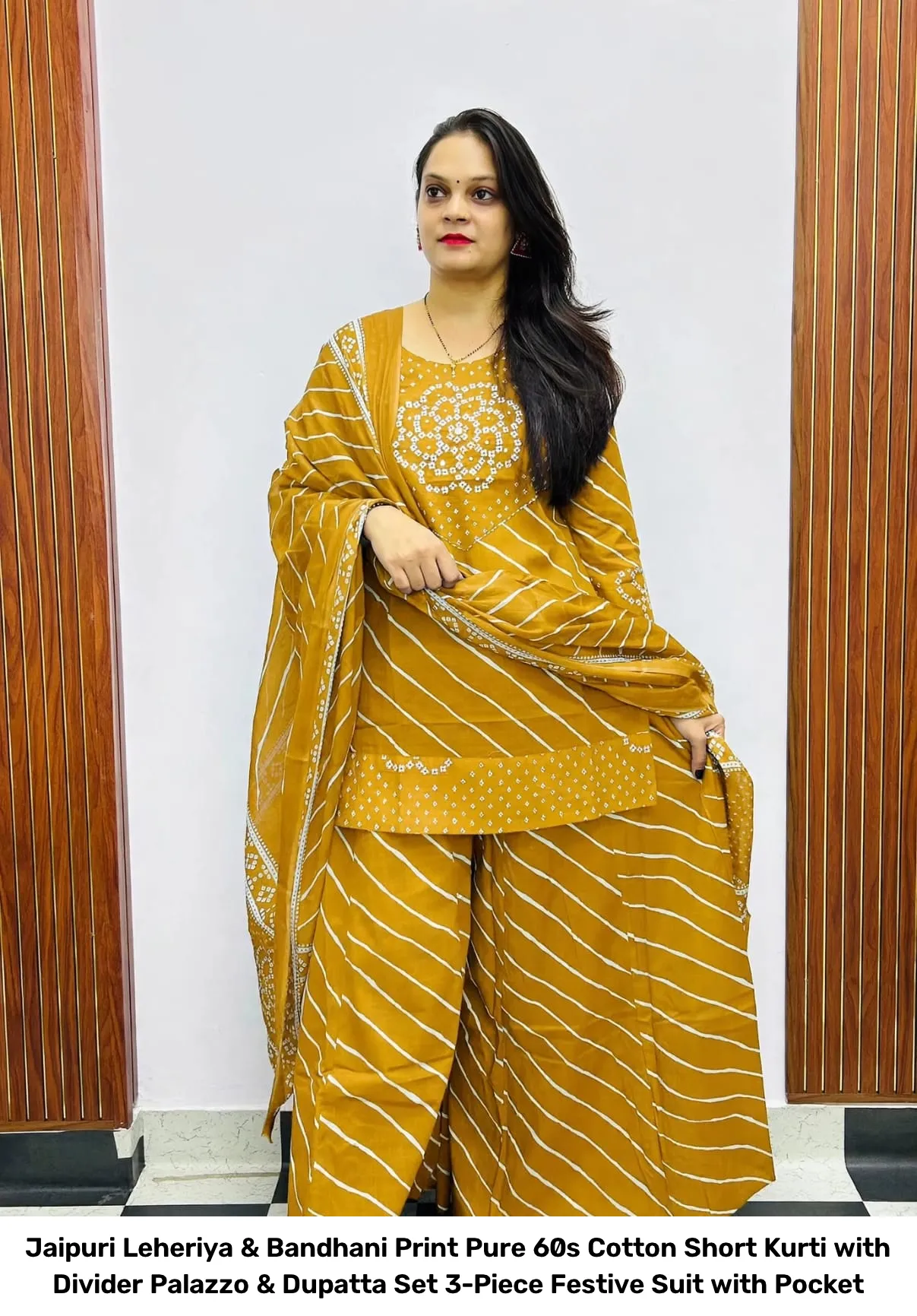 Jaipuri Leheriya & Bandhani Print Pure 60s Cotton Short Kurti with Divider Palazzo & Dupatta Set – 3-Piece Festive Suit with Pocket 7