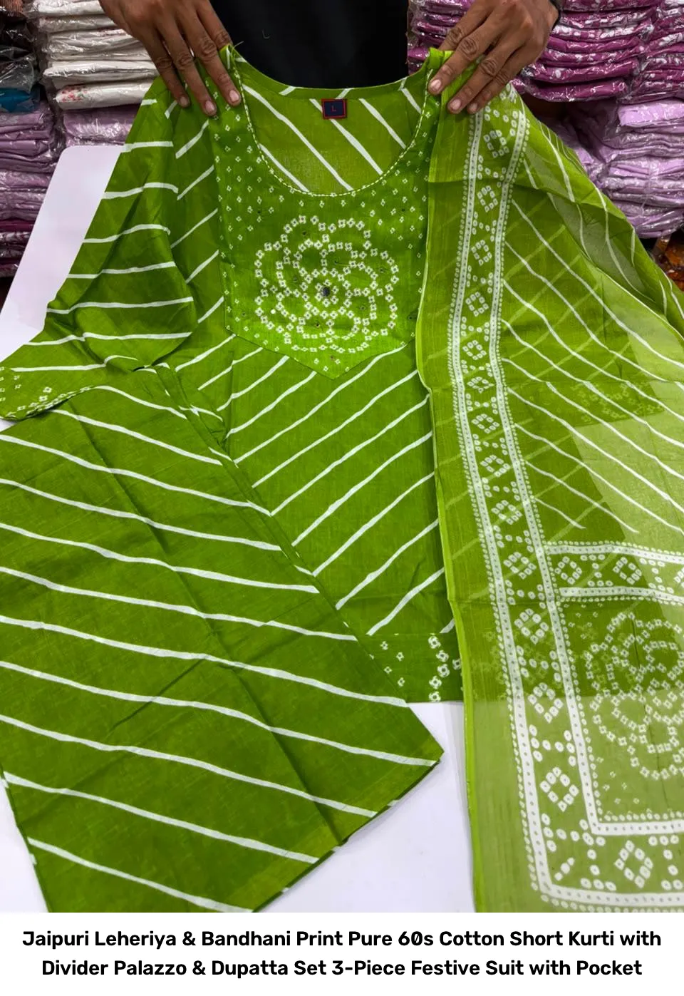 Jaipuri Leheriya & Bandhani Print Pure 60s Cotton Short Kurti with Divider Palazzo & Dupatta Set – 3-Piece Festive Suit with Pocket 8