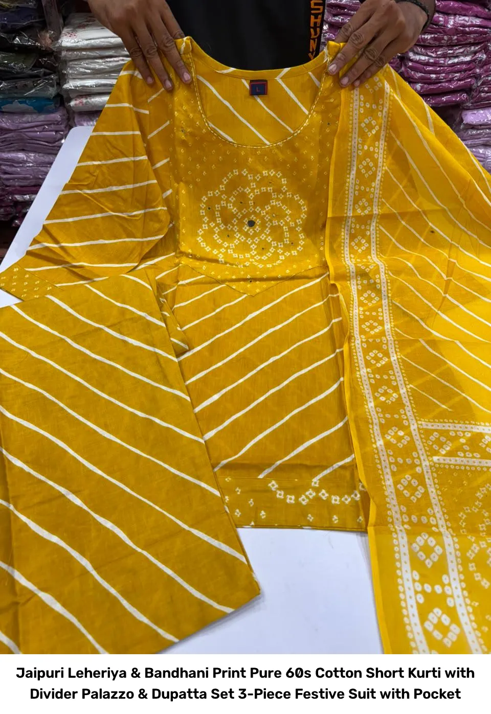 Jaipuri Leheriya & Bandhani Print Pure 60s Cotton Short Kurti with Divider Palazzo & Dupatta Set – 3-Piece Festive Suit with Pocket 9