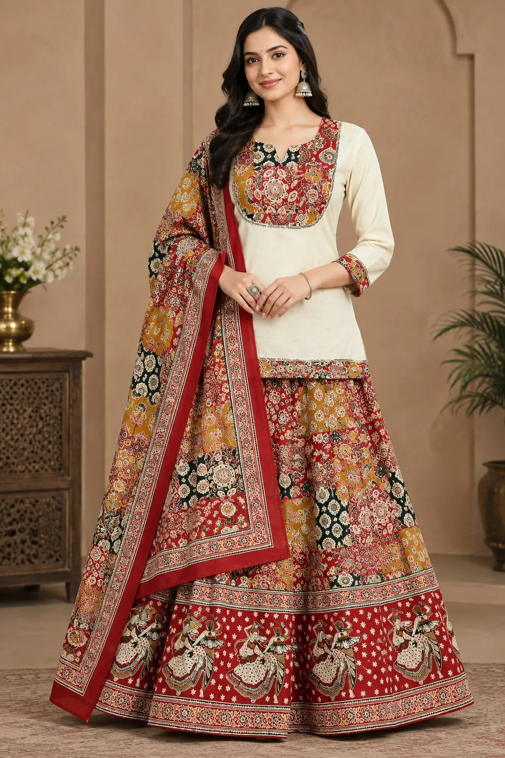 Jaipuri Mal Cotton Kurti Skirt Set with Ajrakh Print Dupatta | Heavy Ghera Ethnic Dandiya Ready-to-Wear Lehenga Set