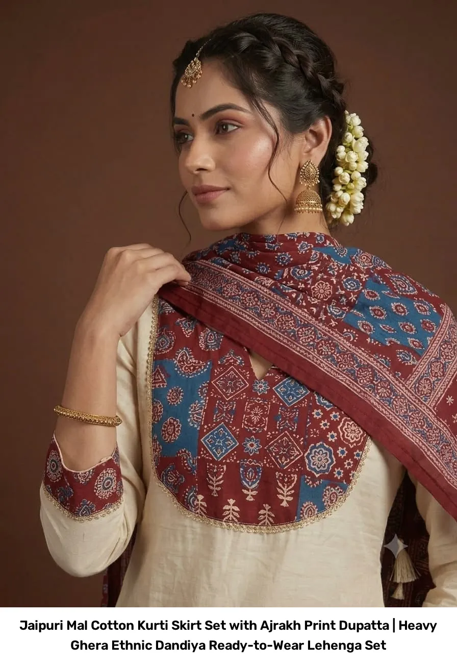 Jaipuri Mal Cotton Kurti Skirt Set with Ajrakh Print Dupatta | Heavy Ghera Ethnic Dandiya Ready-to-Wear Lehenga Set 2