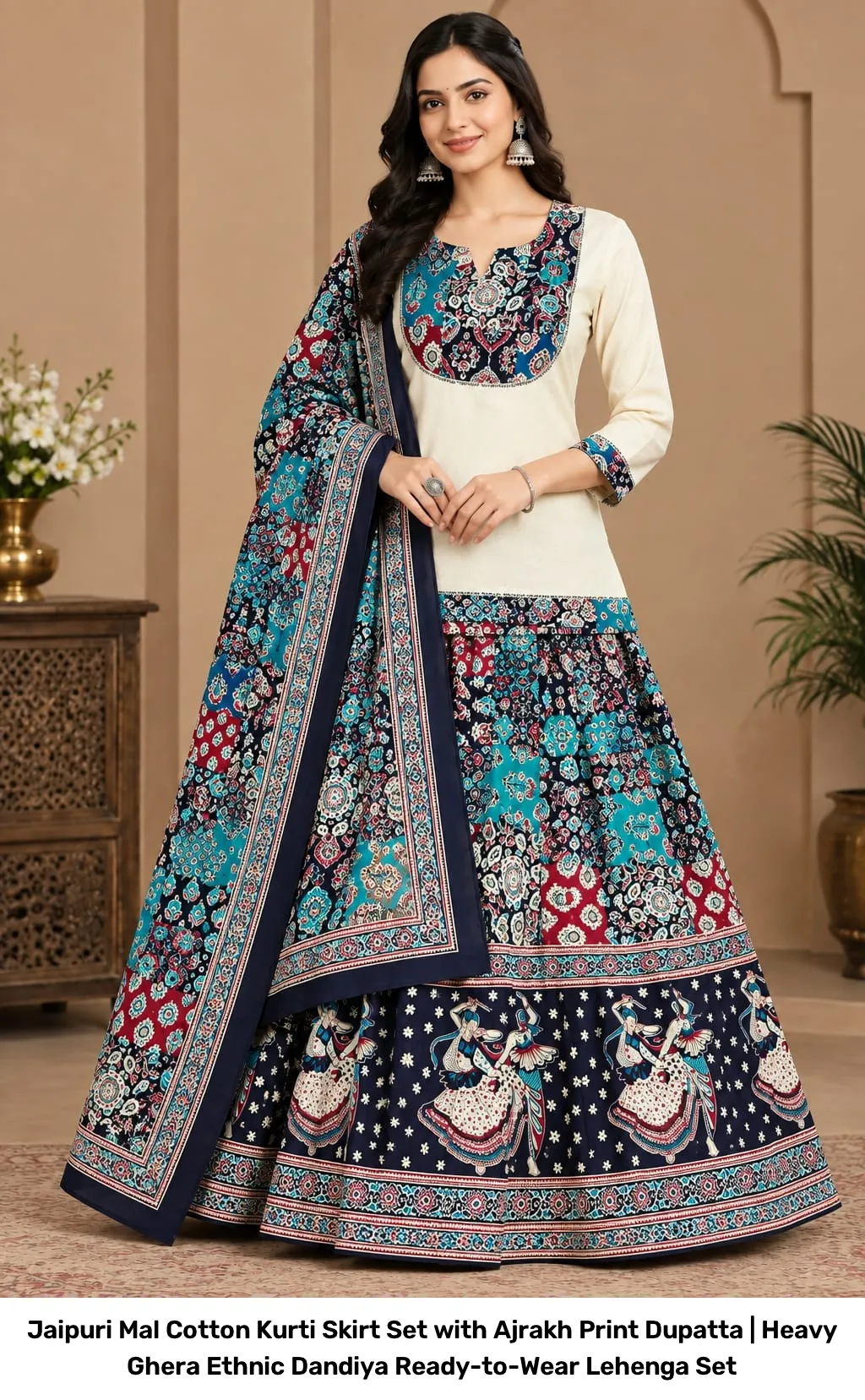 Jaipuri Mal Cotton Kurti Skirt Set with Ajrakh Print Dupatta | Heavy Ghera Ethnic Dandiya Ready-to-Wear Lehenga Set 3