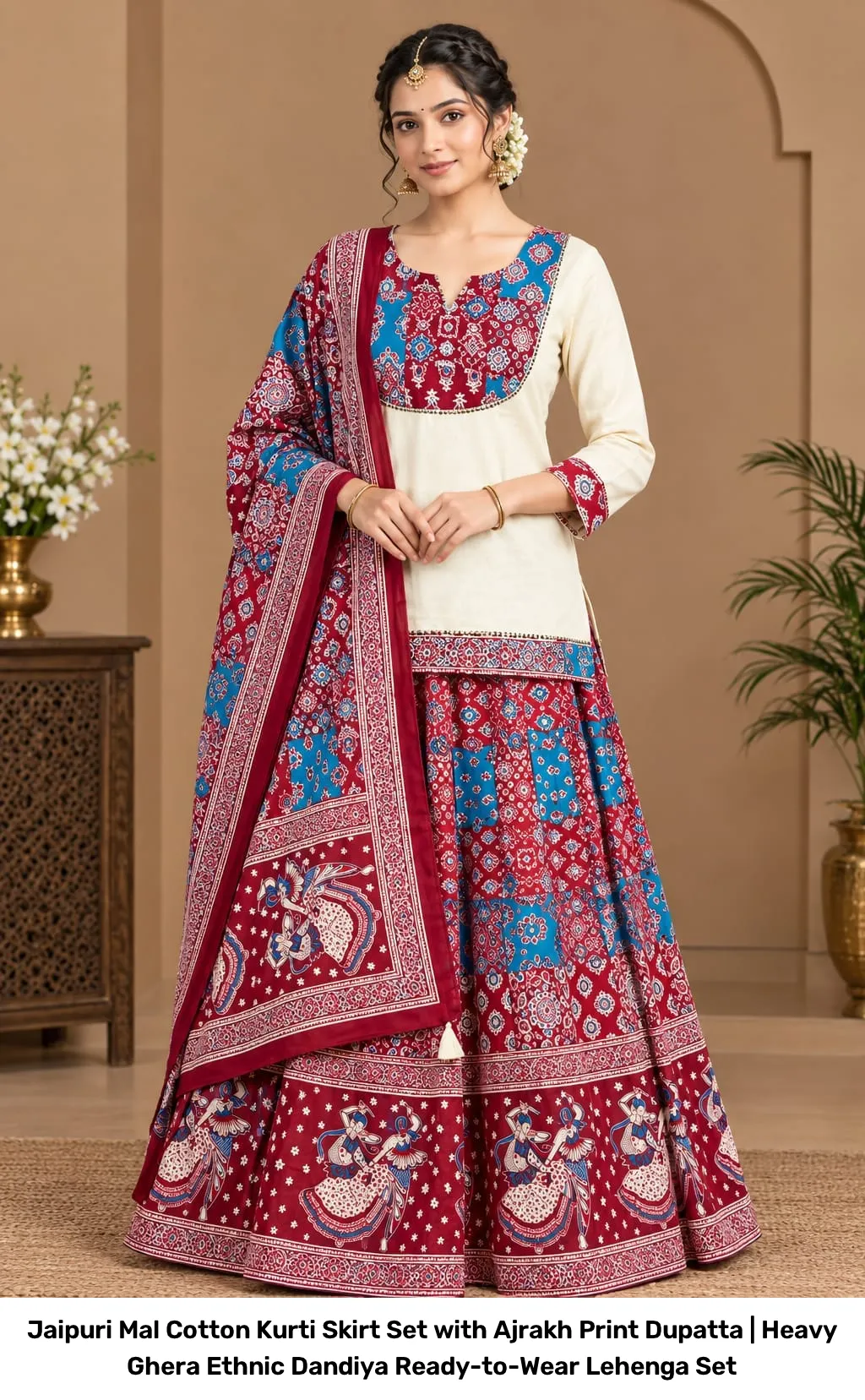 Jaipuri Mal Cotton Kurti Skirt Set with Ajrakh Print Dupatta | Heavy Ghera Ethnic Dandiya Ready-to-Wear Lehenga Set 4