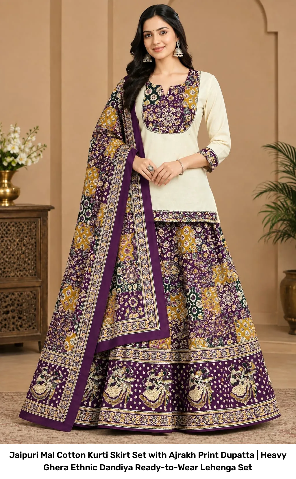 Jaipuri Mal Cotton Kurti Skirt Set with Ajrakh Print Dupatta | Heavy Ghera Ethnic Dandiya Ready-to-Wear Lehenga Set 5