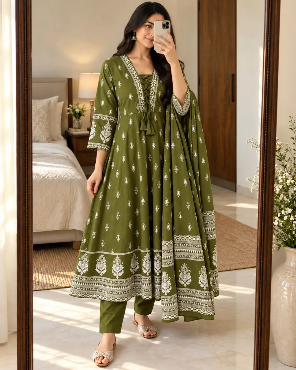 Jaipuri Printed Cotton 60-60 Anarkali Kurta Pant Dupatta Set (M-3XL)