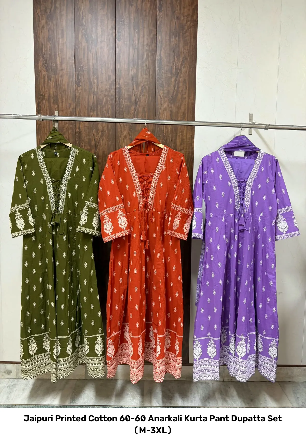 Jaipuri Printed Cotton 60-60 Anarkali Kurta Pant Dupatta Set (M-3XL) 2