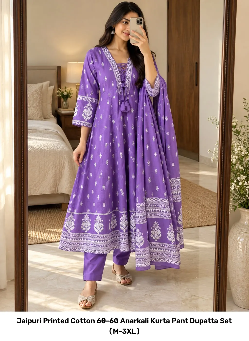 Jaipuri Printed Cotton 60-60 Anarkali Kurta Pant Dupatta Set (M-3XL) 3