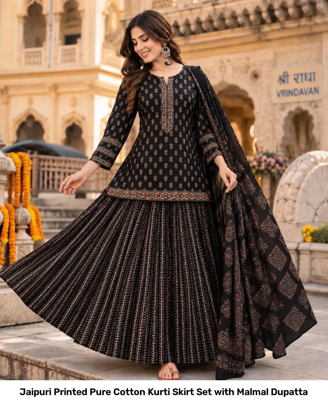 Jaipuri Printed Pure Cotton Kurti Skirt Set with Malmal Dupatta 2