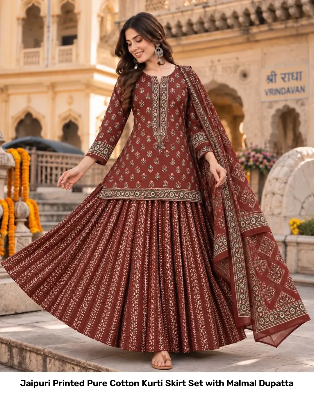 Jaipuri Printed Pure Cotton Kurti Skirt Set with Malmal Dupatta 3