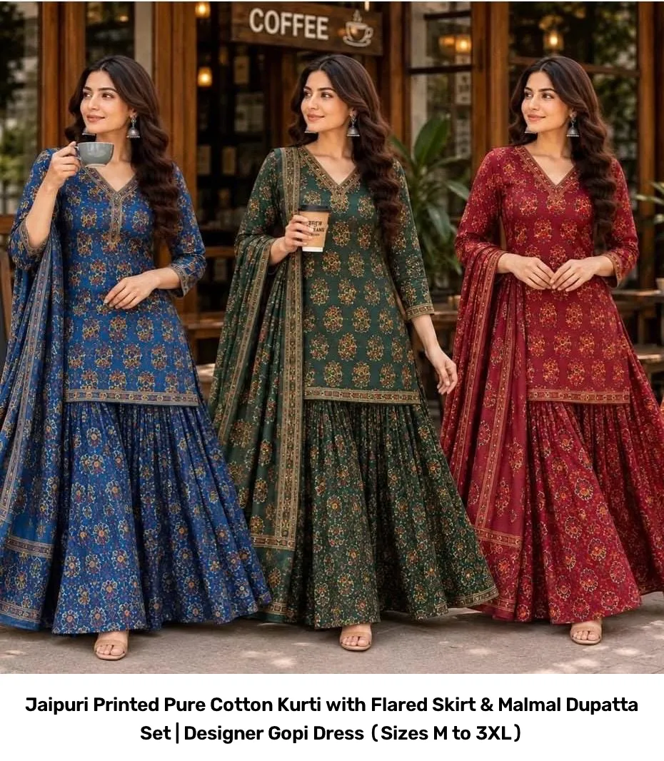 Jaipuri Printed Pure Cotton Kurti with Flared Skirt & Malmal Dupatta Set | Designer Gopi Dress (Sizes M to 3XL) 2