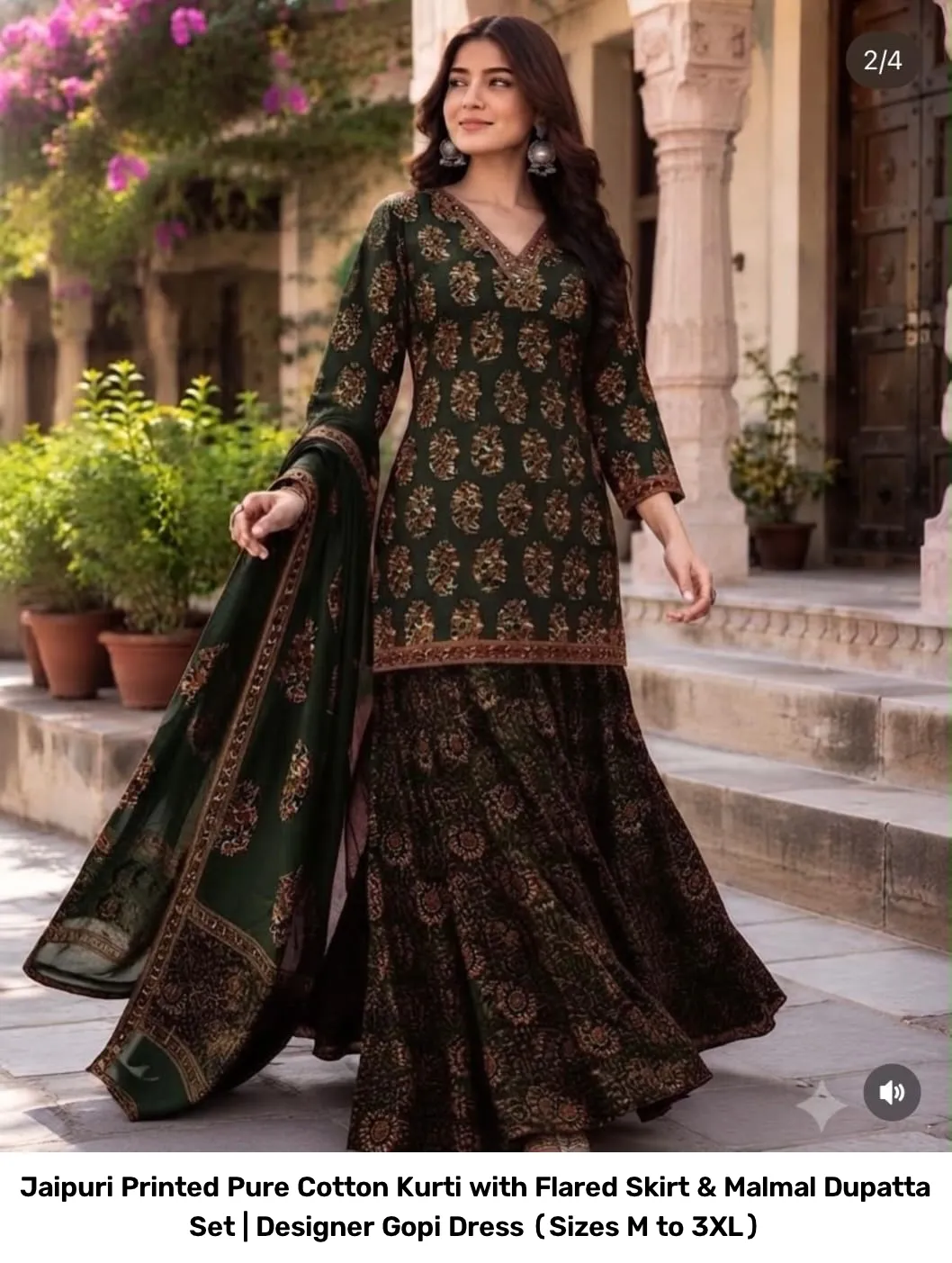 Jaipuri Printed Pure Cotton Kurti with Flared Skirt & Malmal Dupatta Set | Designer Gopi Dress (Sizes M to 3XL) 3