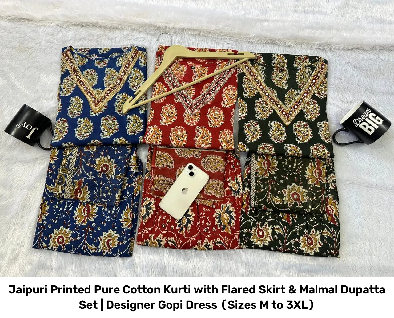 Jaipuri Printed Pure Cotton Kurti with Flared Skirt & Malmal Dupatta Set | Designer Gopi Dress (Sizes M to 3XL) 4