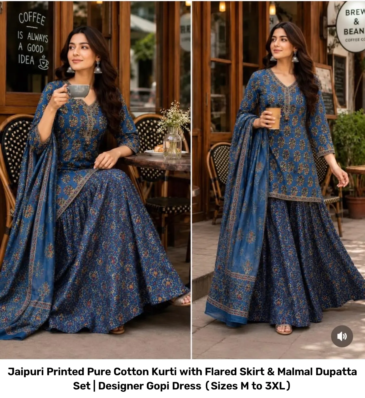 Jaipuri Printed Pure Cotton Kurti with Flared Skirt & Malmal Dupatta Set | Designer Gopi Dress (Sizes M to 3XL) 5