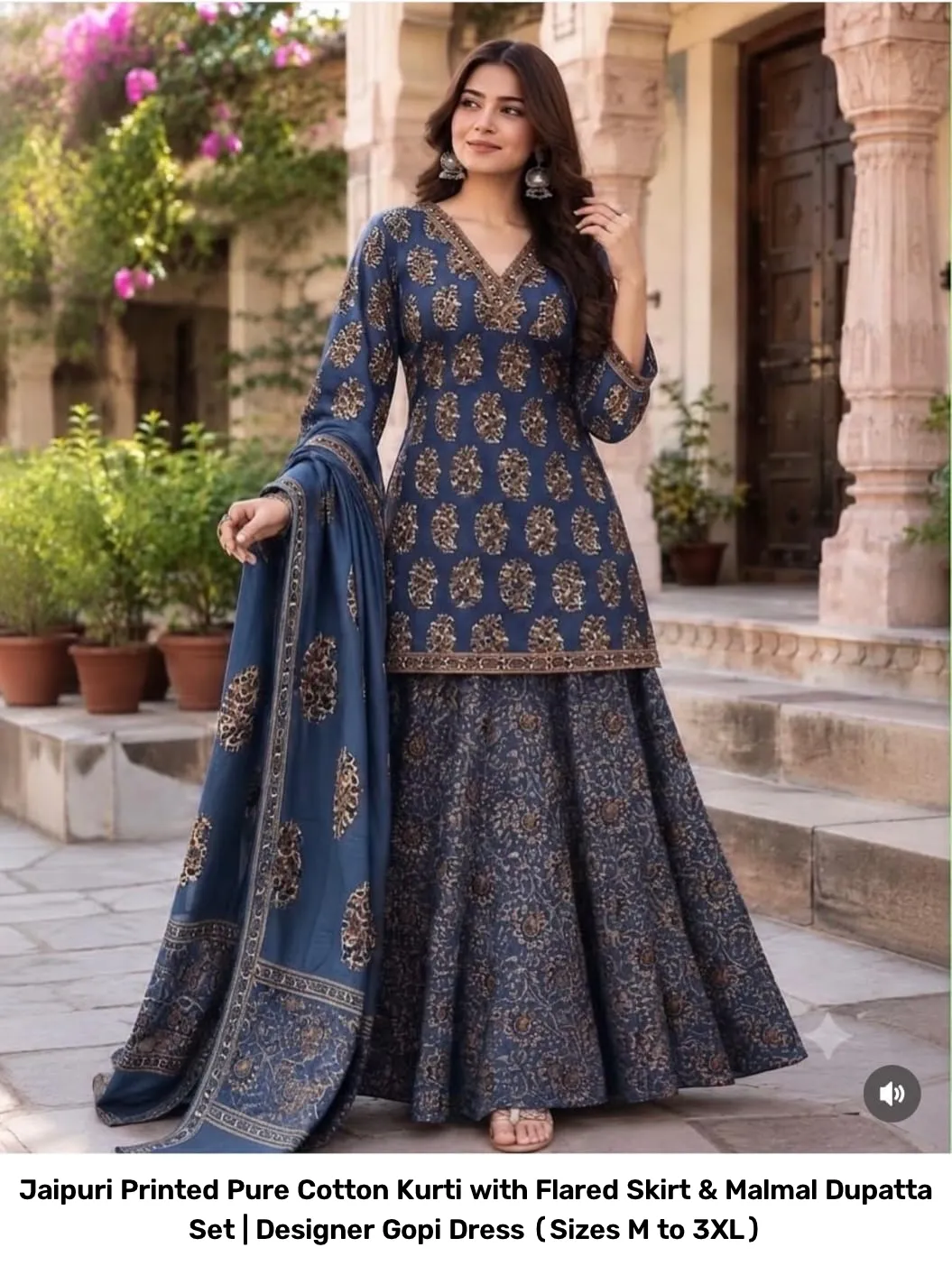 Jaipuri Printed Pure Cotton Kurti with Flared Skirt & Malmal Dupatta Set | Designer Gopi Dress (Sizes M to 3XL) 6