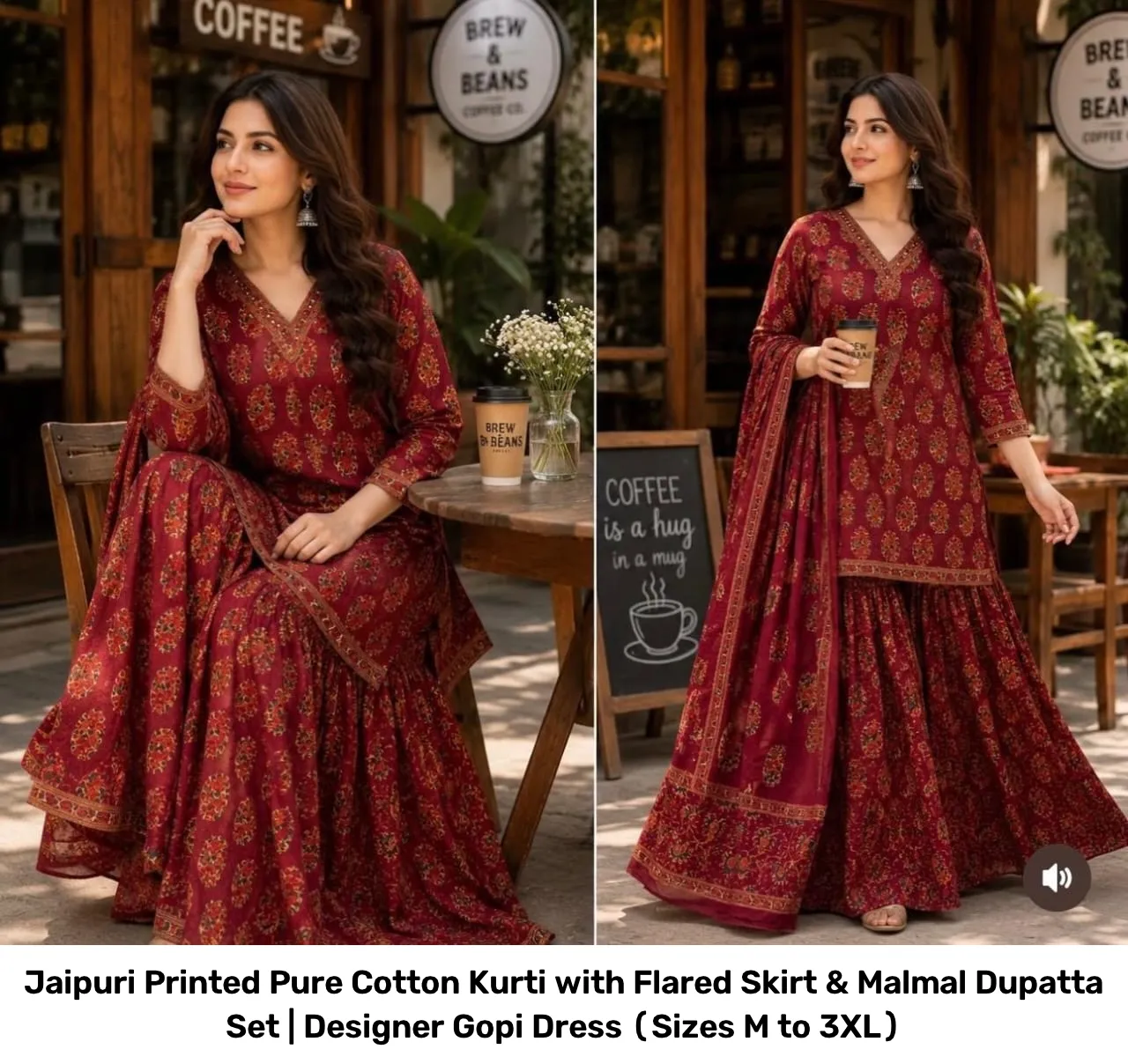 Jaipuri Printed Pure Cotton Kurti with Flared Skirt & Malmal Dupatta Set | Designer Gopi Dress (Sizes M to 3XL) 7