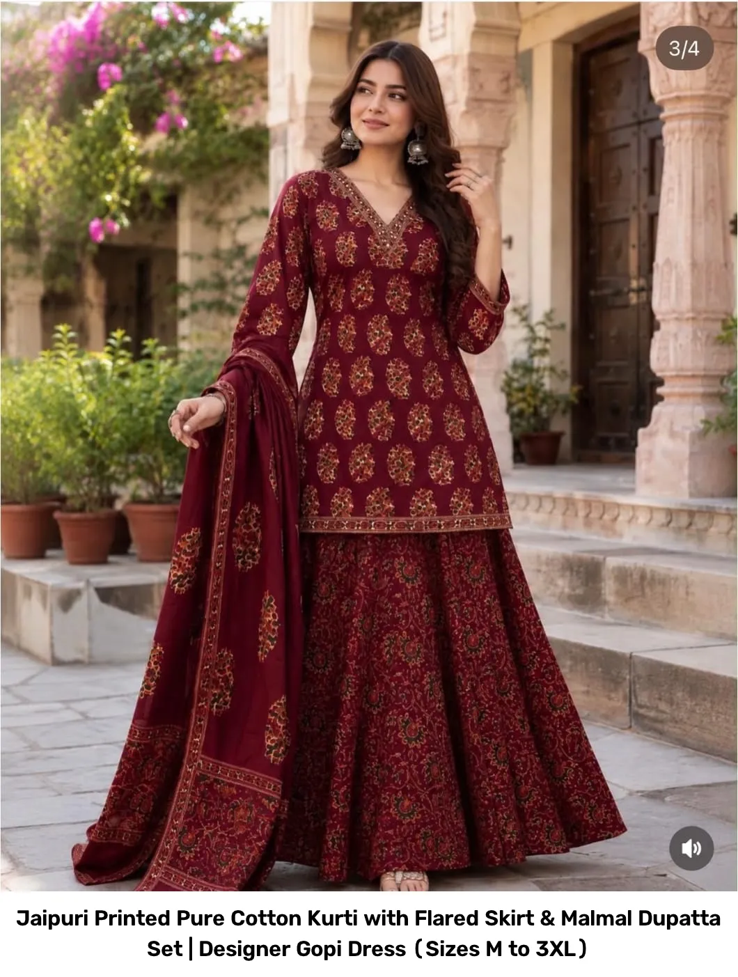 Jaipuri Printed Pure Cotton Kurti with Flared Skirt & Malmal Dupatta Set | Designer Gopi Dress (Sizes M to 3XL) 8
