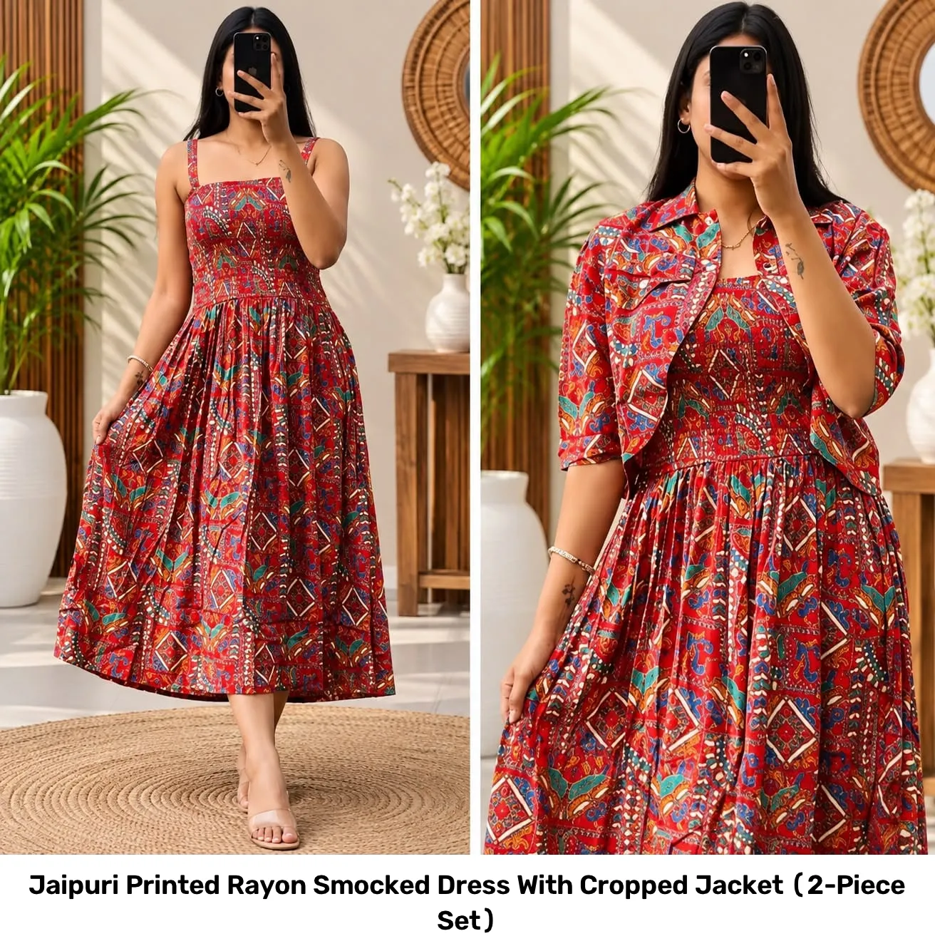 Jaipuri Printed Rayon Smocked Dress With Cropped Jacket (2-Piece Set) 2