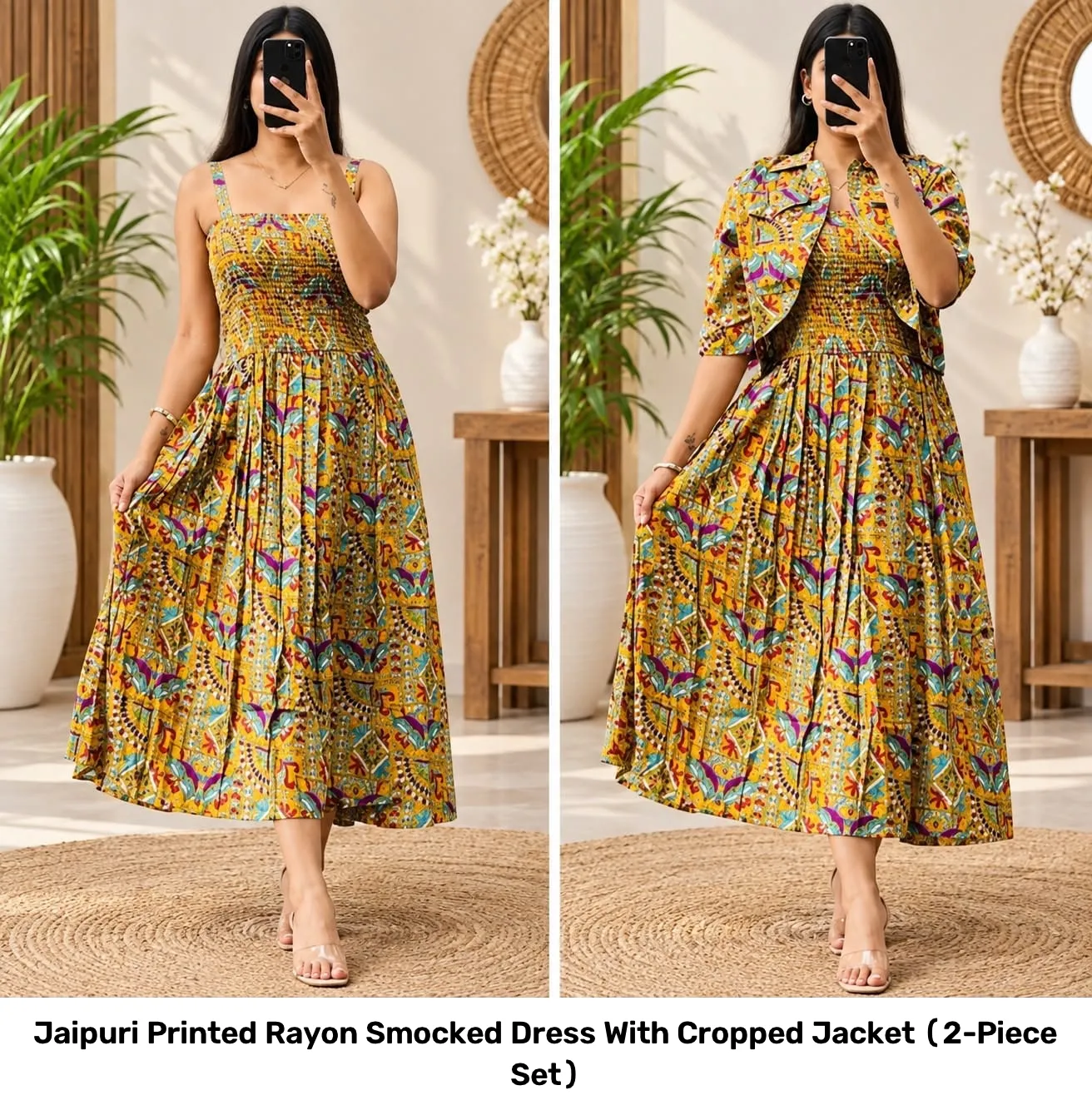 Jaipuri Printed Rayon Smocked Dress With Cropped Jacket (2-Piece Set) 3