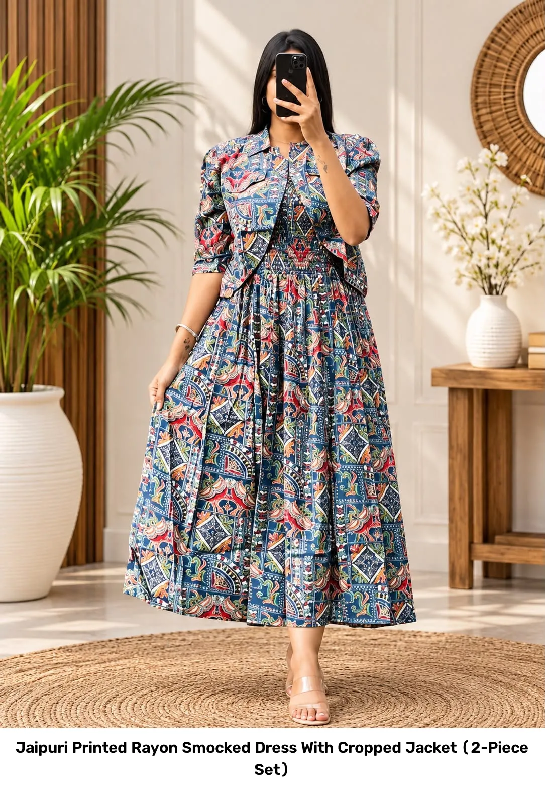 Jaipuri Printed Rayon Smocked Dress With Cropped Jacket (2-Piece Set) 4