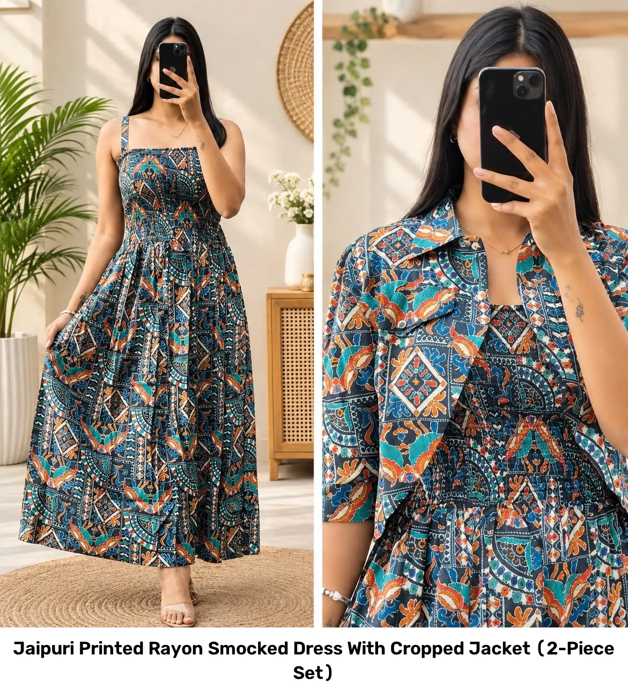 Jaipuri Printed Rayon Smocked Dress With Cropped Jacket (2-Piece Set) 5