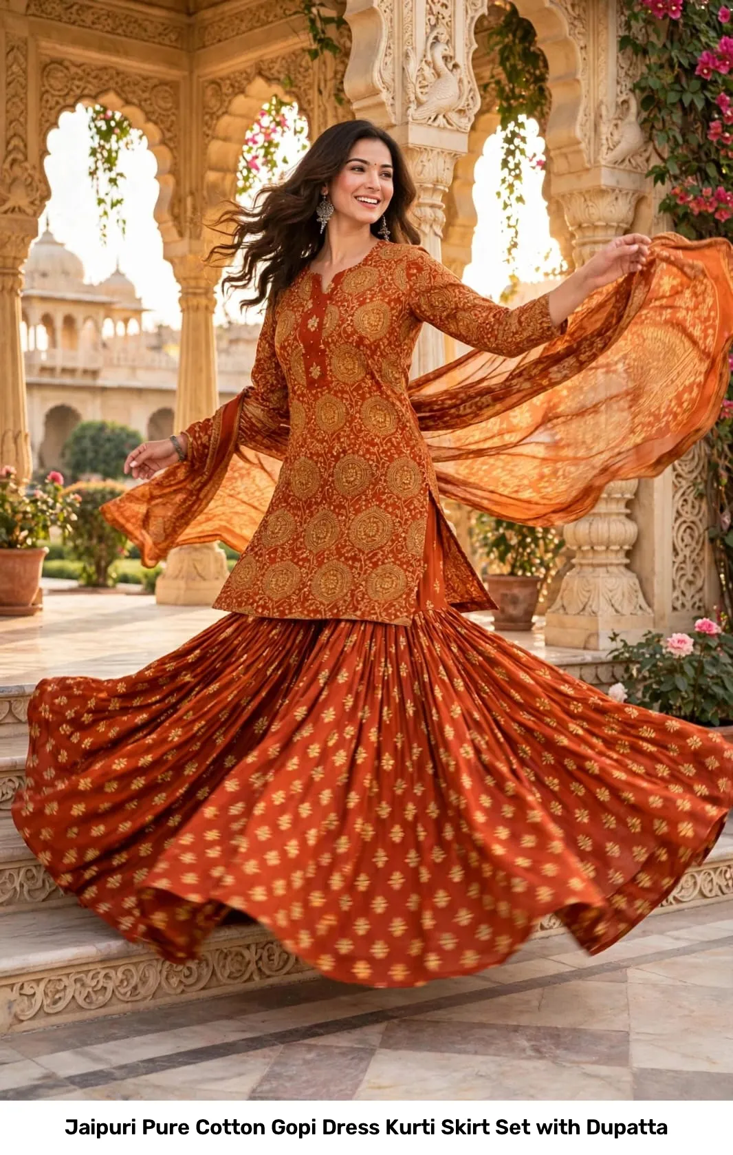 Jaipuri Pure Cotton Gopi Dress Kurti Skirt Set with Dupatta 3