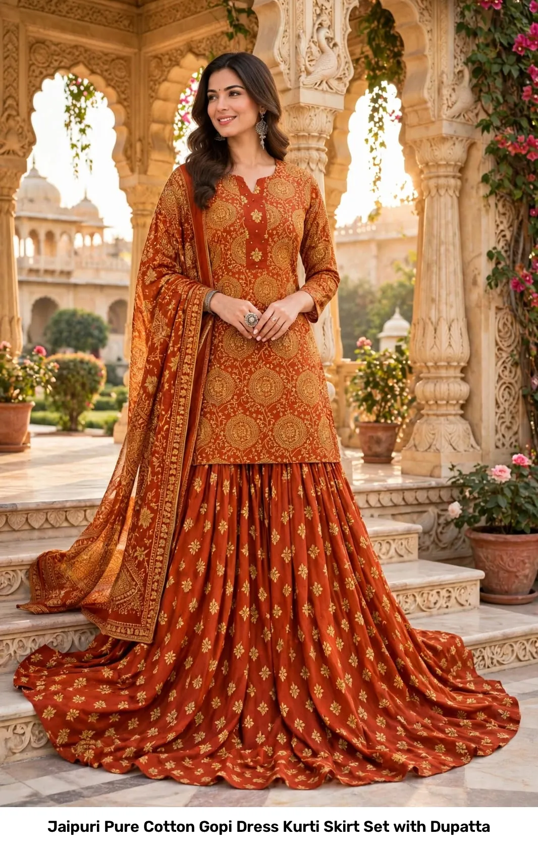 Jaipuri Pure Cotton Gopi Dress Kurti Skirt Set with Dupatta 5